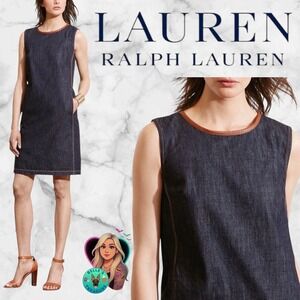 Ralph Lauren LRL Women 14 Chambray Denim Shift Dress Lamb Leather Trim Dark Wash